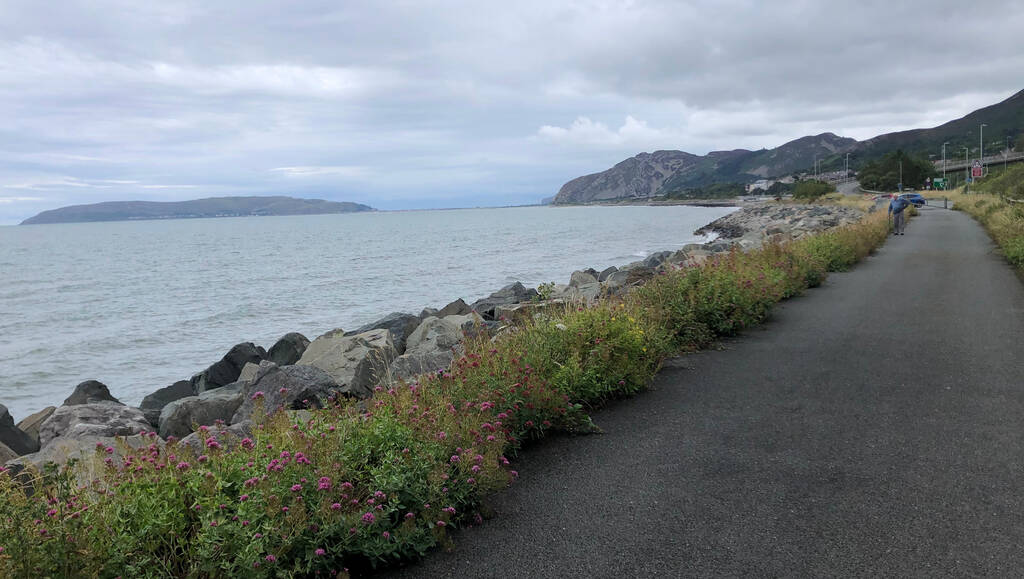 Ein Radweg führt knapp hinter steiniger Küste vorbei, in der Ferne ein hügeliges Stück Land das über einen schmalen Streifen mit dem Festland verbunden ist