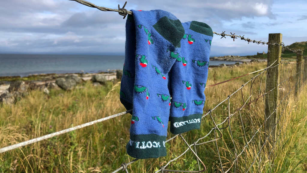 Ein Paar Socken mit Nessiemotiv und Schottland Schriftzug hängen auf einem Stacheldraht in der Sonne