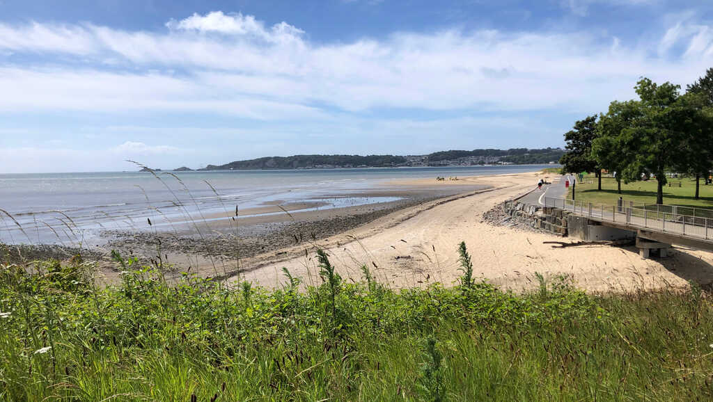 Ein weiter Sandstrand, dahinter entlang ein Park und ein Radweg